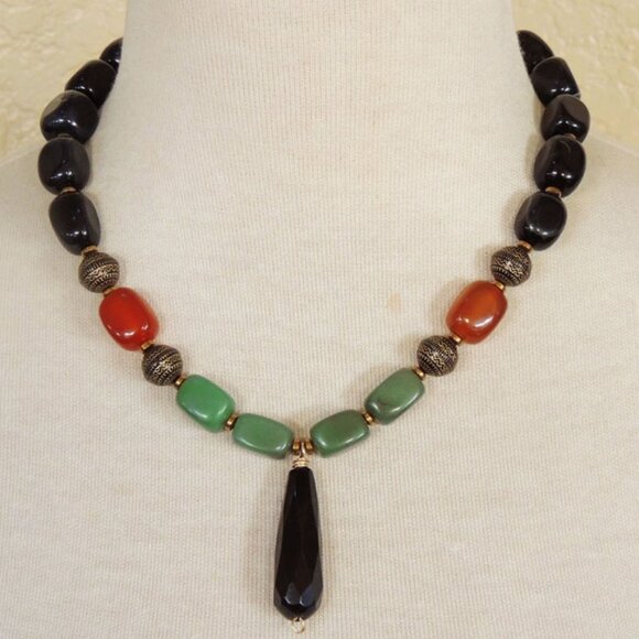 Black Agate Olive Green Aventurine & Orange Carnelian Pendant Necklace